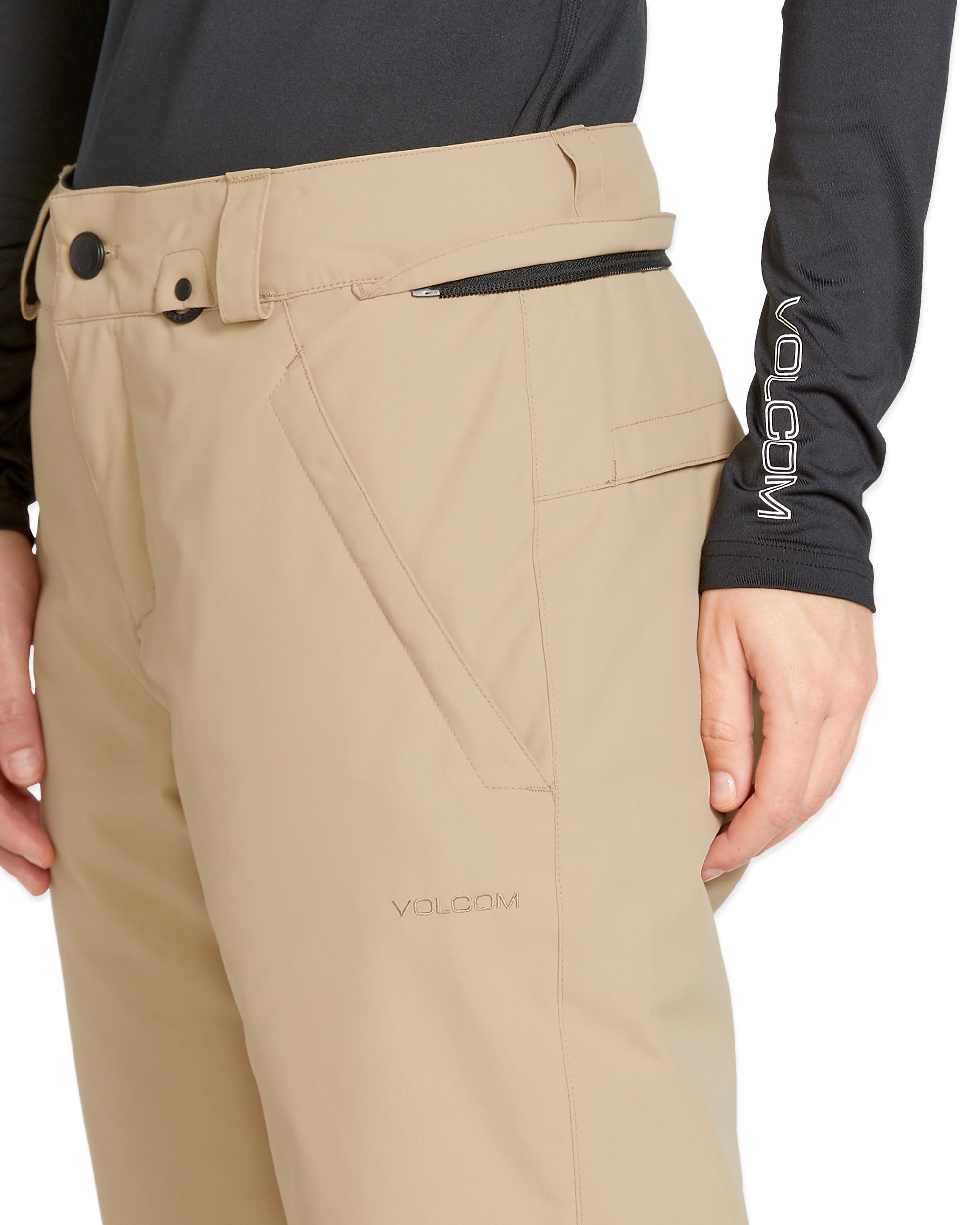 Volcom Women's Frochickie Insulated Pant - Beige snow pants with a black zipper on the back pocket.