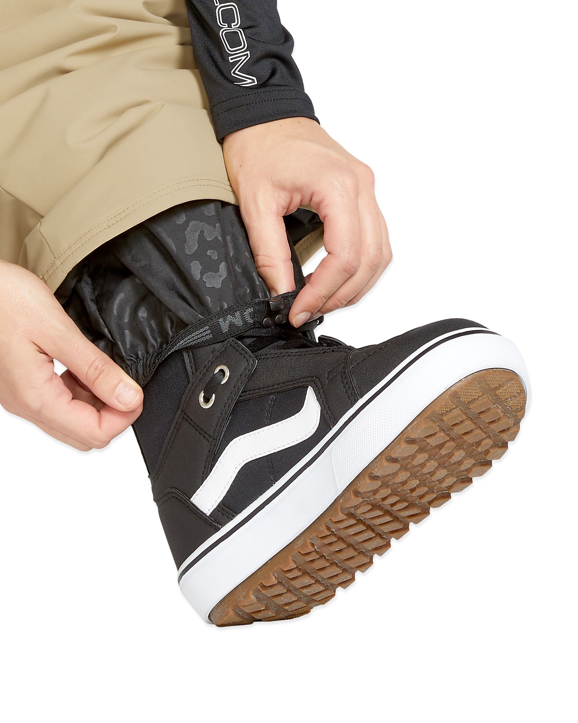 Volcom Women's Frochickie Insulated Pant - Black insulated snow pants with a subtle leopard pattern on the inner leg.