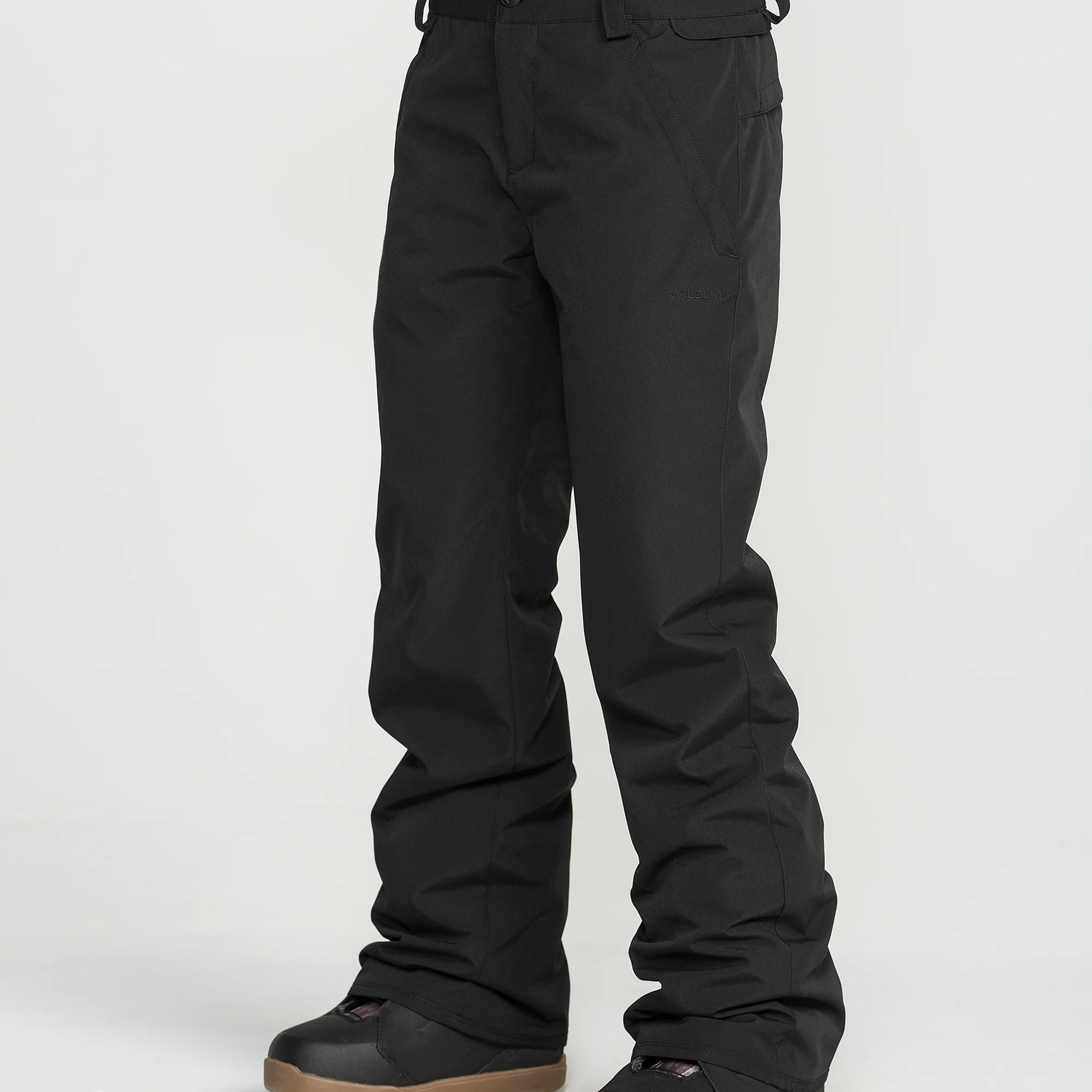 Black insulated ski pants with belt loops, zip fly, and cargo-style pockets