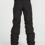 Black insulated snow pants with front seams, belt loops, and cuff hems