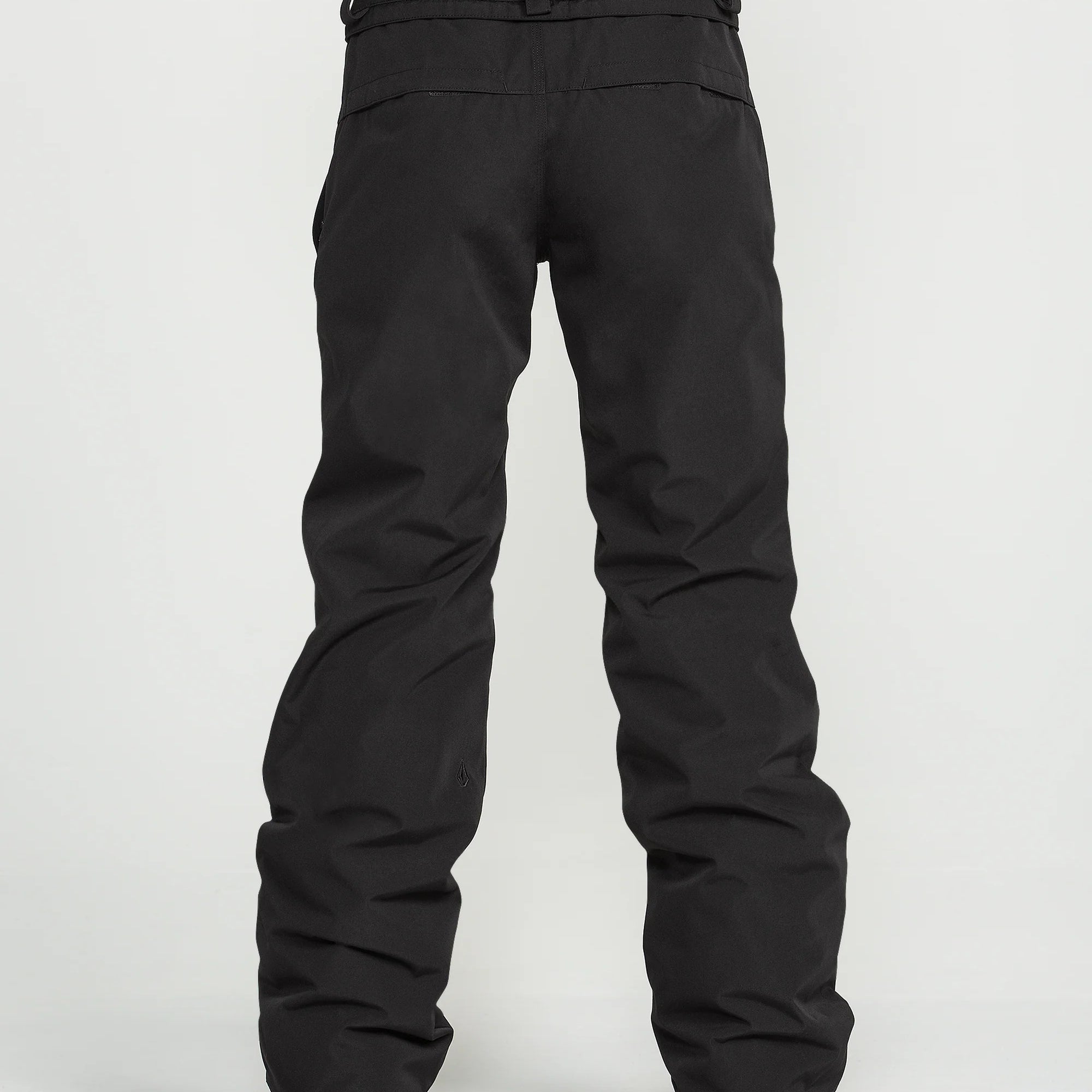 Black insulated snow pants with front seams, belt loops, and cuff hems