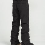 Black insulated snowboard pants with adjustable waist strap and padded cuffs