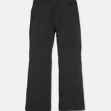 Black insulated ski pants flat lay with belt loops and buttoned waist closure
