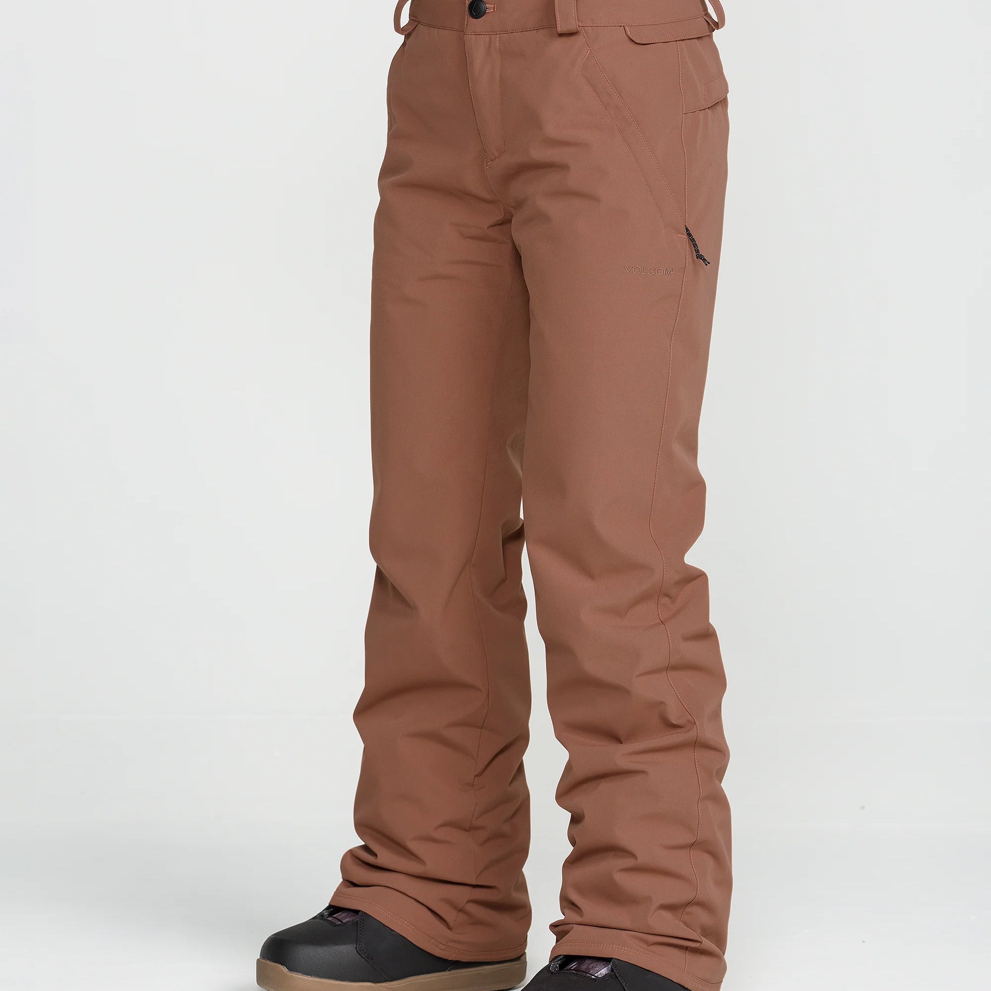 Tan insulated snow pants with belt loops, button waist tab, and zip fly