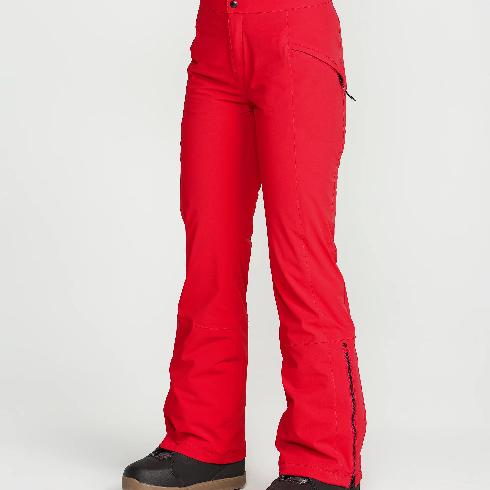 Red insulated ski pants with side pockets, button waistband, flared boot openings.