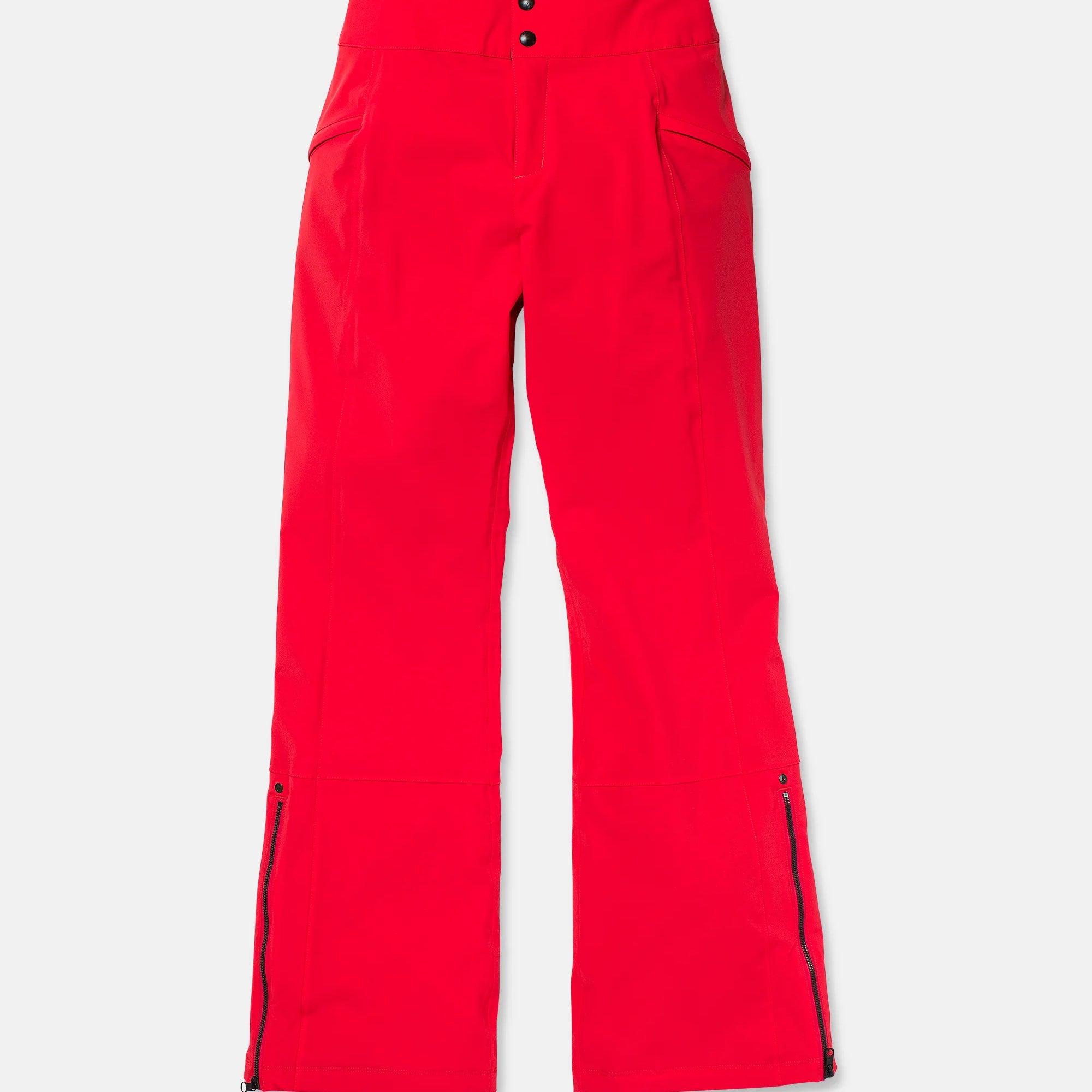 Red insulated ski pants with belt loops, front button closure, side pocket panels.