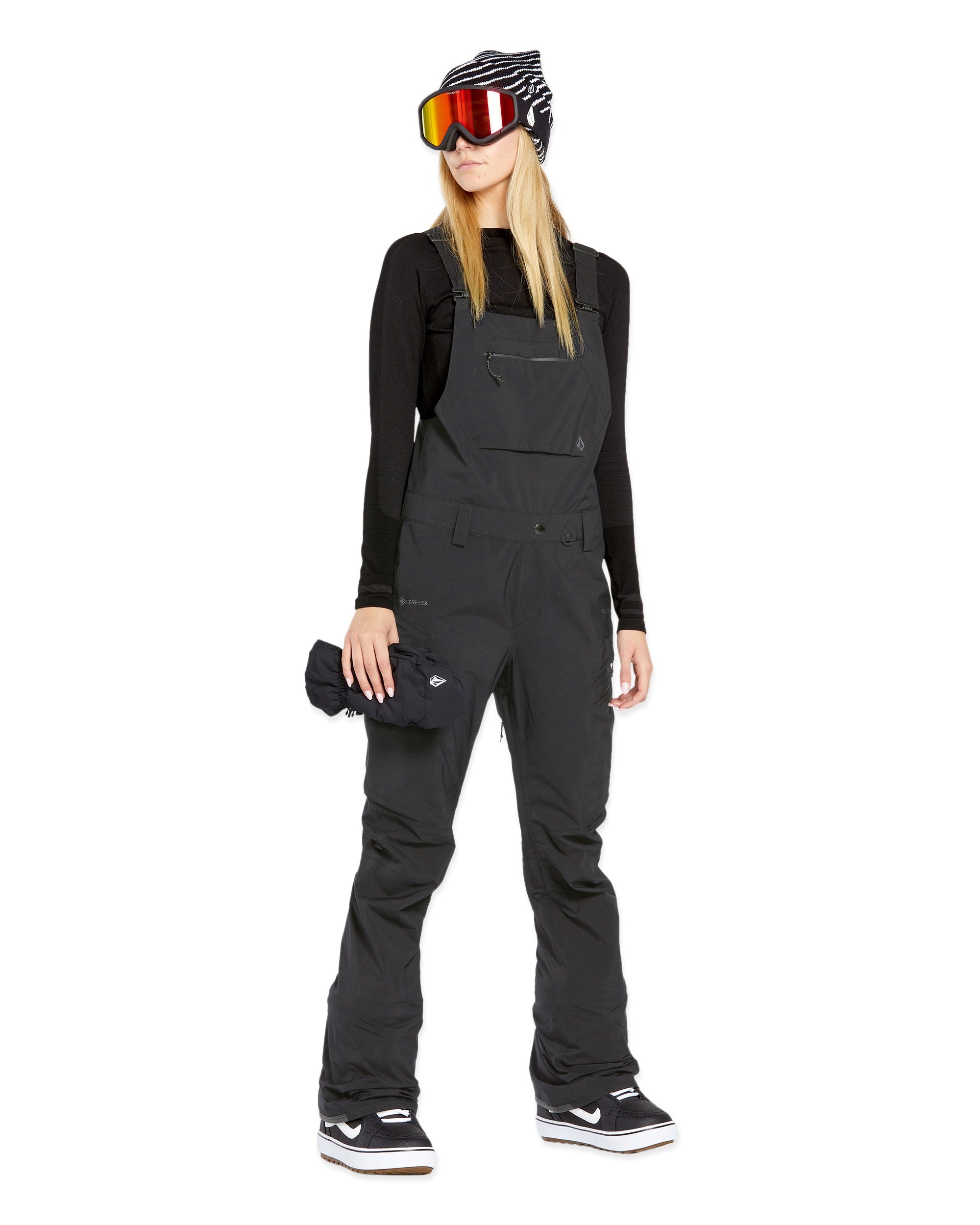 Volcom Women's Elm Stretch GORE-TEX Bib Overall - A pair of black bib overalls with a zippered fly and adjustable straps.