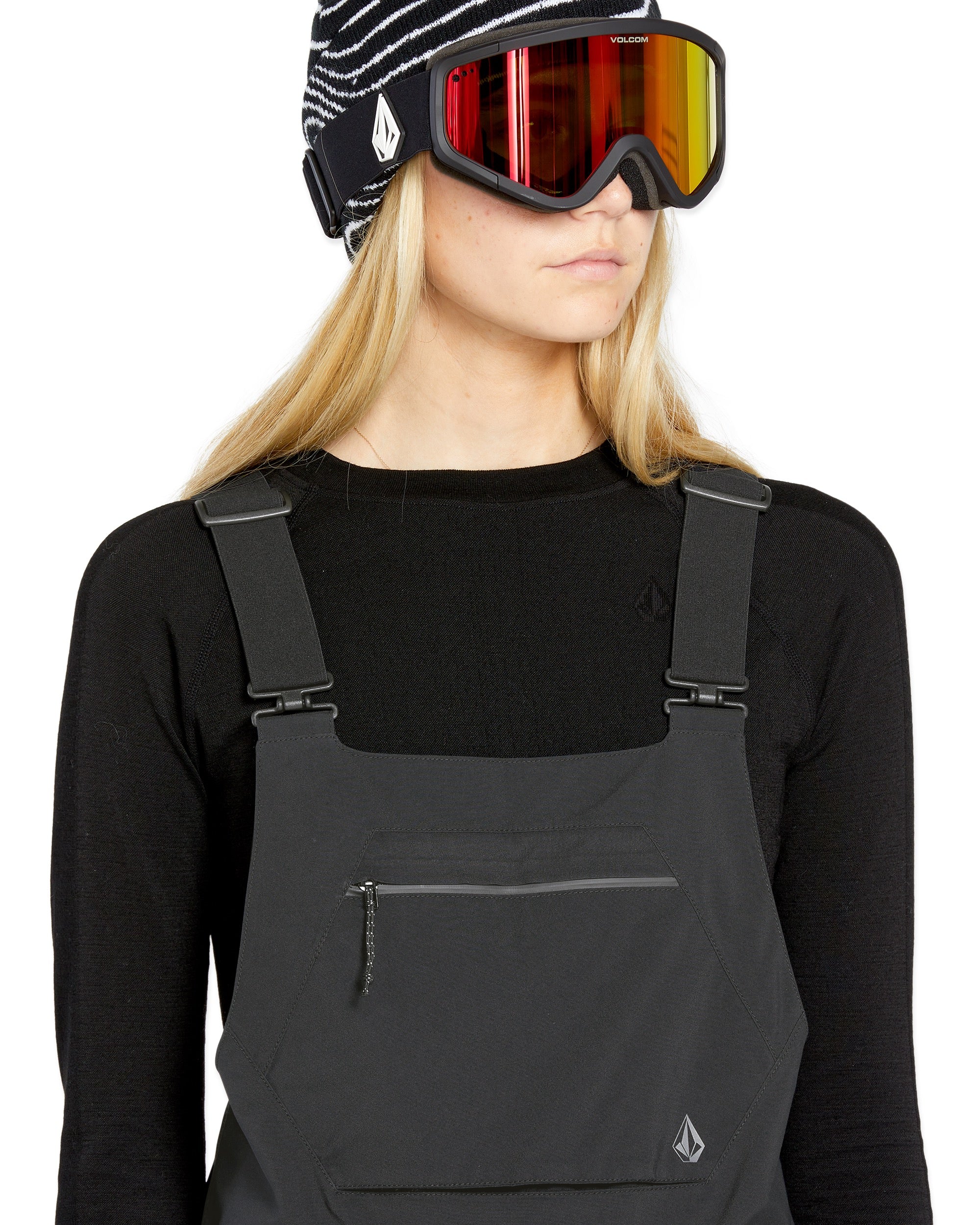 Volcom Women's Elm Stretch GORE-TEX Bib Overall - A pair of black bib overalls with a zippered fly and adjustable straps.