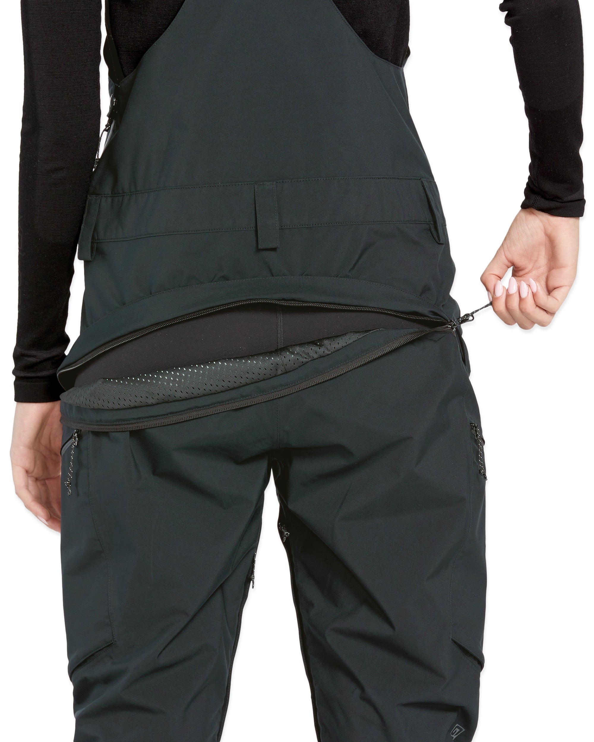 Volcom Women's Elm Stretch GORE-TEX Bib Overall - Black bib overall with a stretchy, dark-colored fabric and silver zippers on the side pockets.