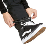 Volcom Women's - Black bib overall with white logo on left thigh and black zipper down front.