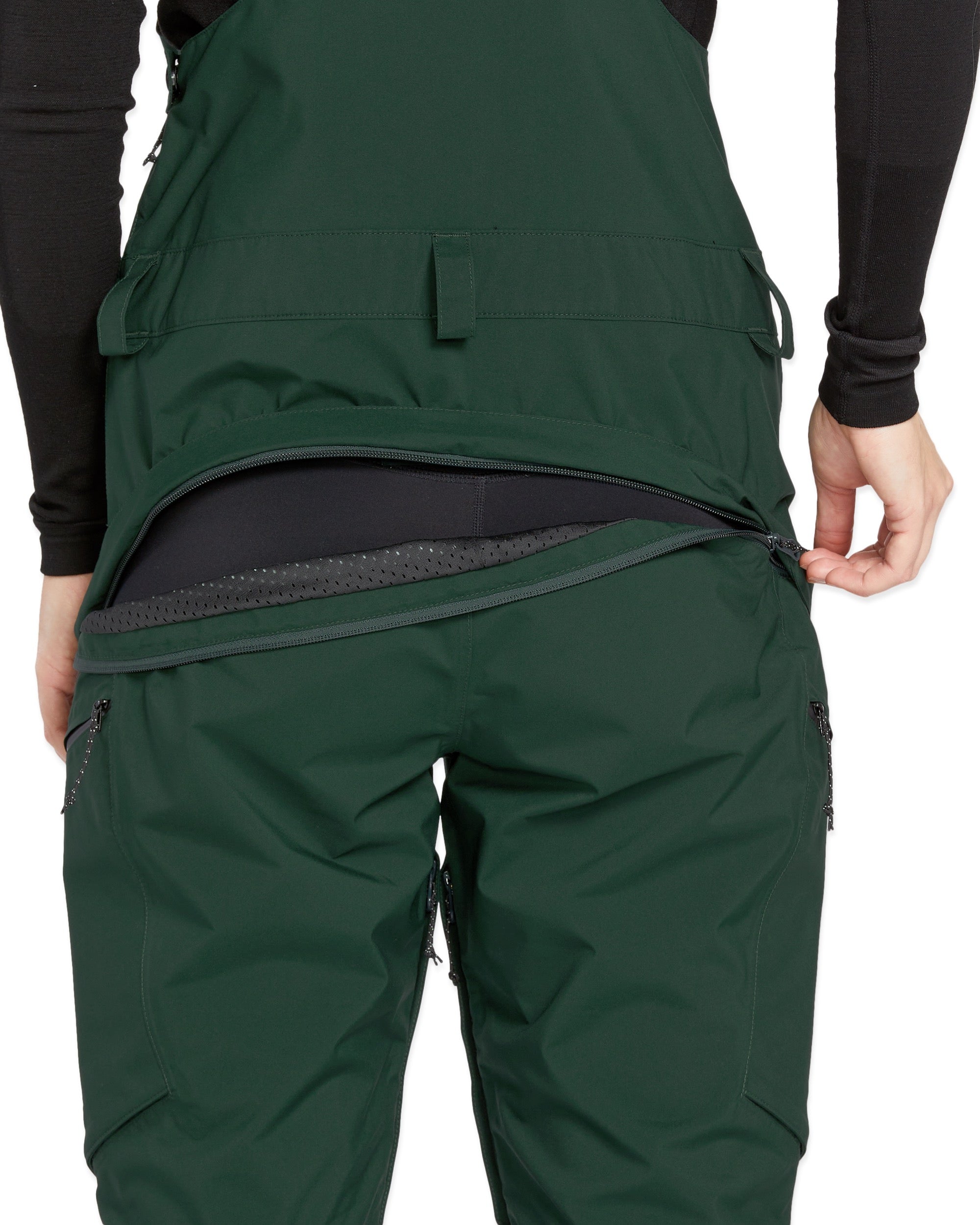 Volcom Women's Elm Stretch GORE-TEX Bib Overall - Dark green bib overall with a black waistband and adjustable straps.