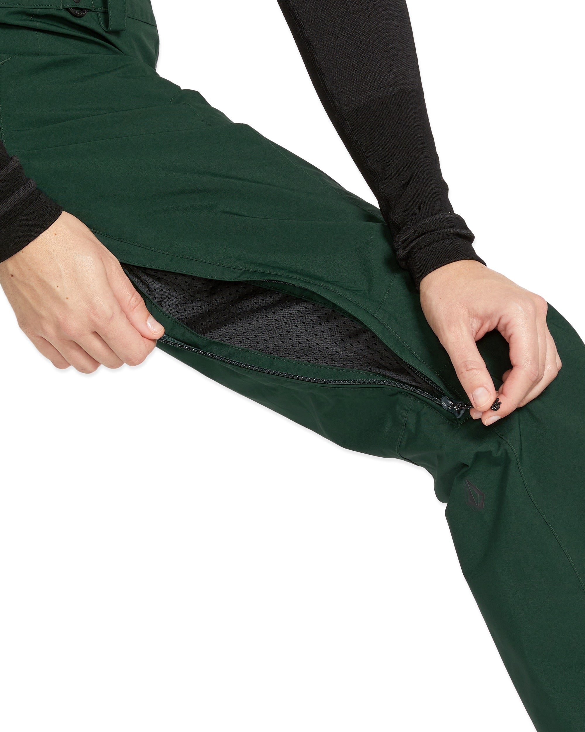 Volcom Women's Elm Stretch GORE-TEX Bib Overall - Dark green bib overall with black hardware and a zippered fly.