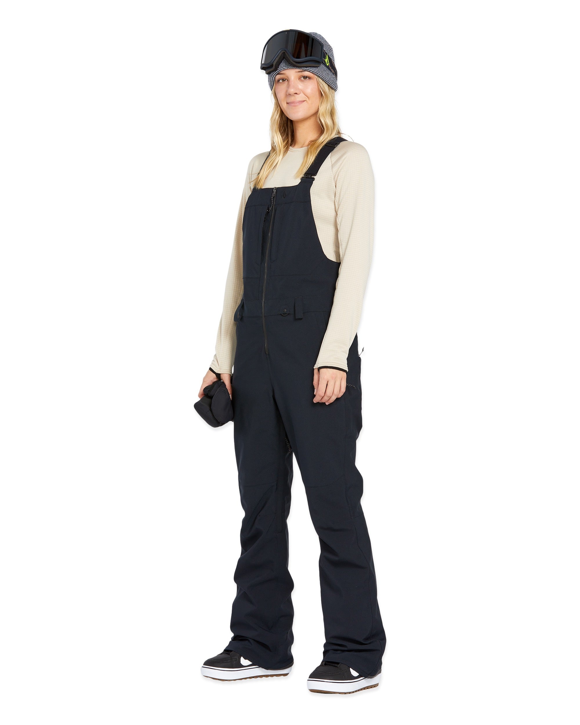 Volcom Women's Swift Bib Overall - Black bib overalls with zippered front and two side pockets.