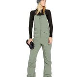 Volcom Women's Swift Bib Overall - A sage green bib overall with a zippered front and two side pockets, featuring a small white logo on the left thigh.