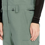 Volcom Women's Swift Bib Overall - A pair of olive green bib overalls with a zippered fly and adjustable straps.