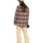 Volcom Women's Swift Bib Overall - A brown overall with a white logo on the left thigh and a black zipper running down the front.