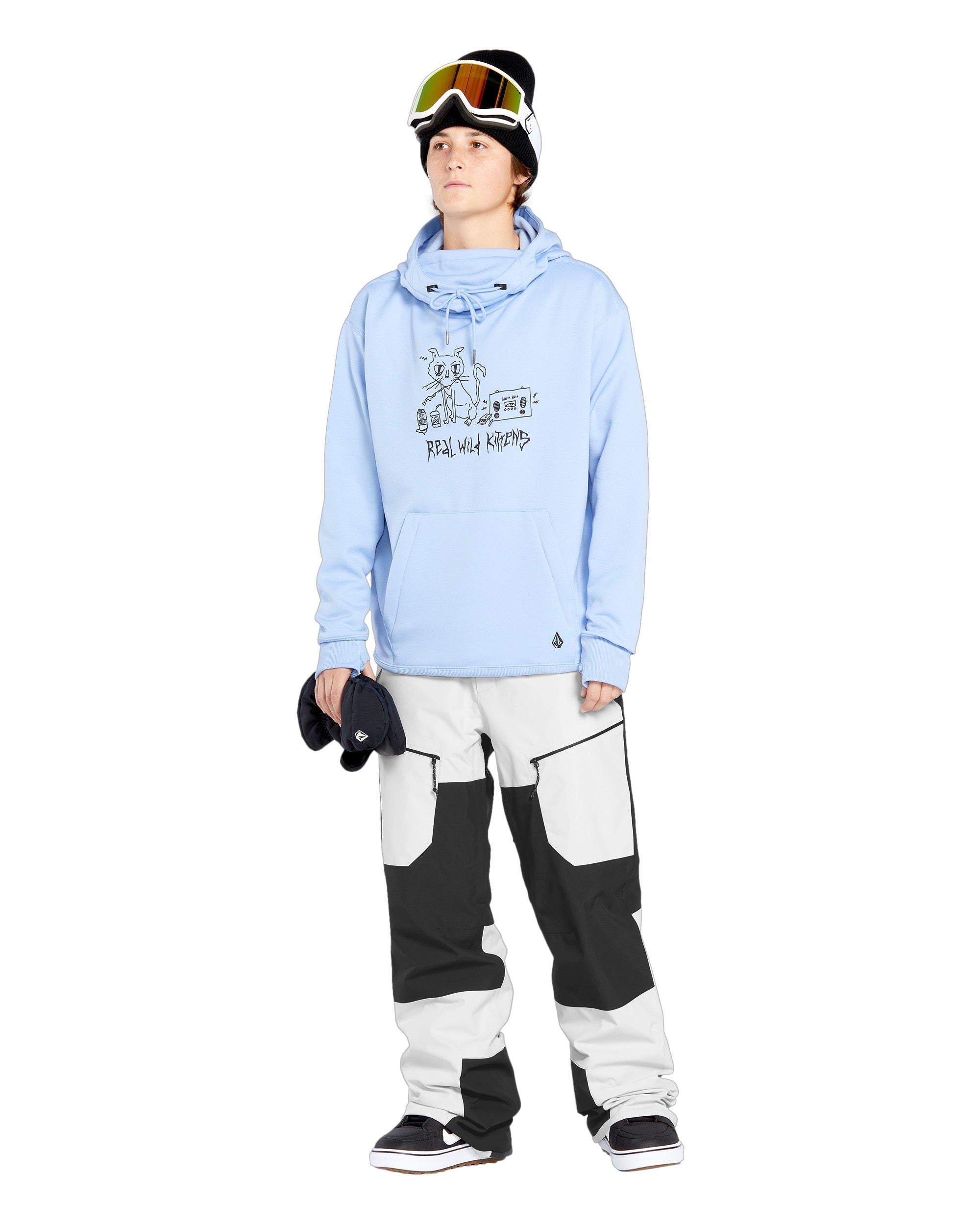 Volcom Women's Stone Mica 20K Pant - A black and white snow pant with a geometric pattern on the leg, featuring a zippered pocket at the thigh.