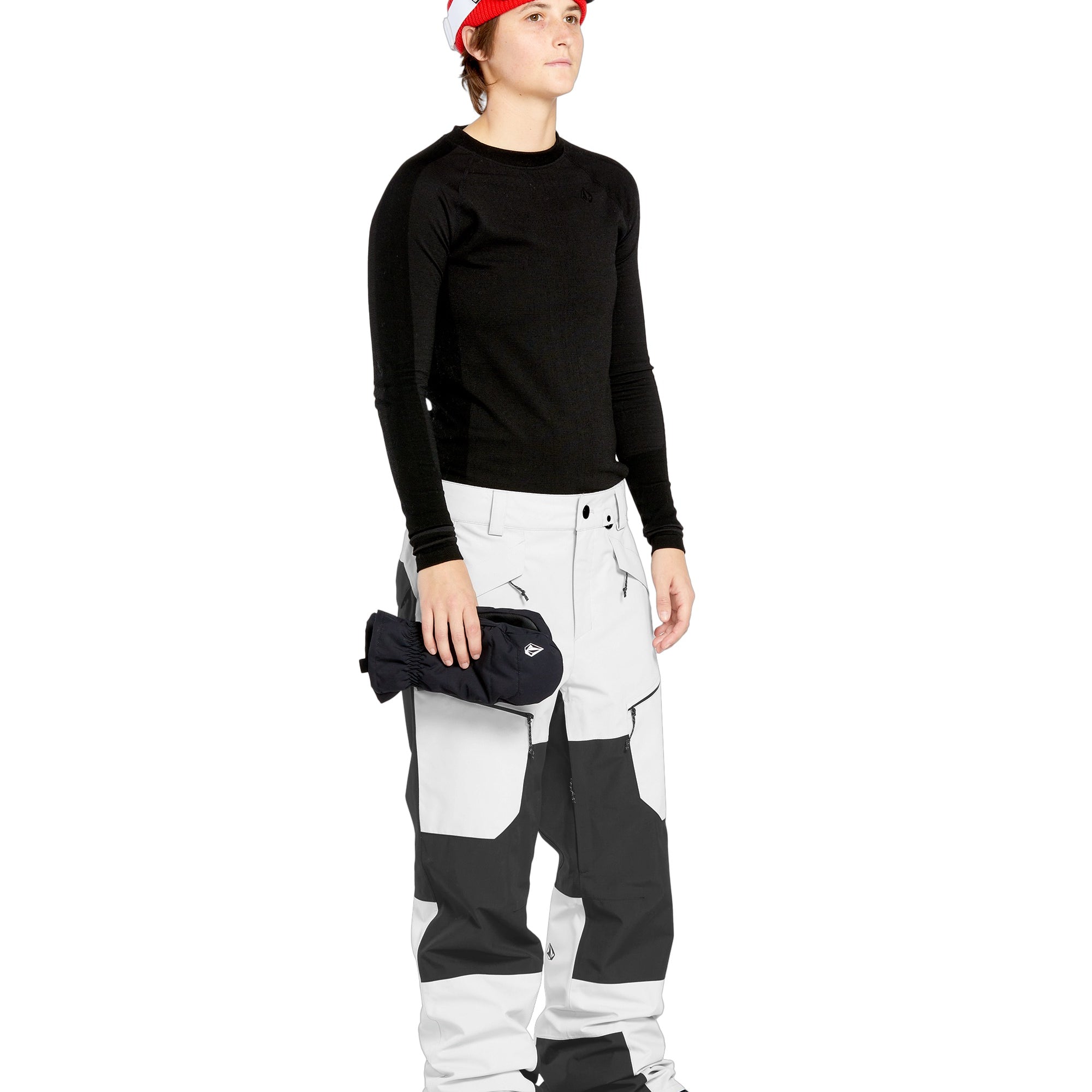 Volcom Women's Stone Mica 20K Pant - Black snow pants with a geometric pattern on the left leg and white accents on the right leg.