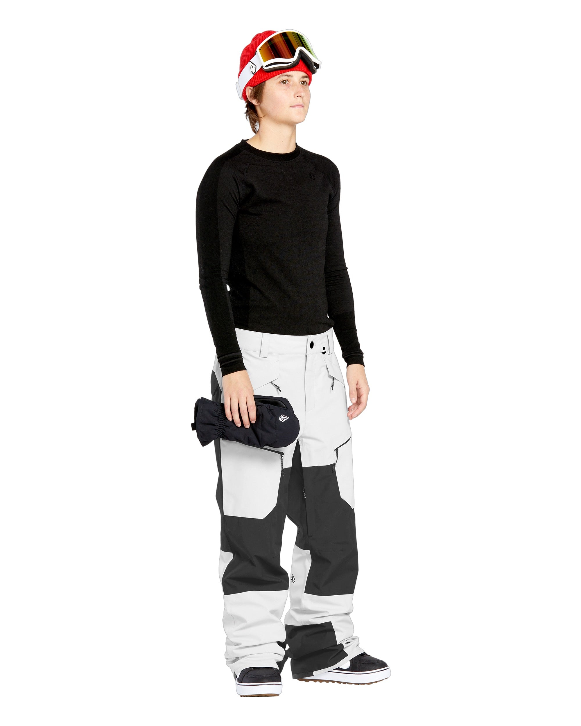 Volcom Women's Stone Mica 20K Pant - Black snow pants with a geometric pattern on the left leg and white accents on the right leg.