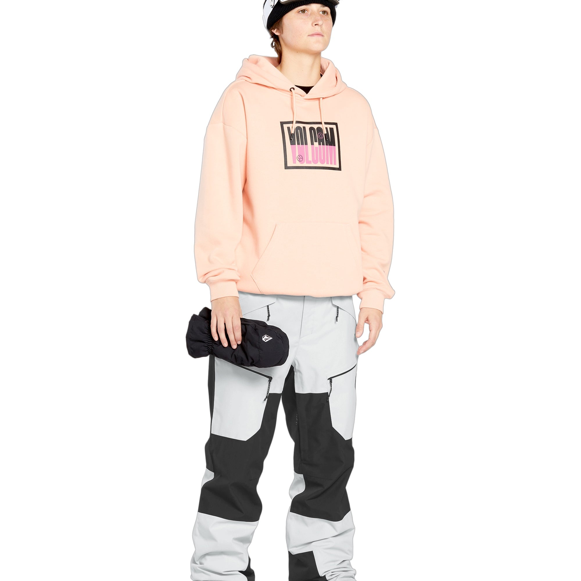 Volcom Women's Stone Mica 20K Pant - A black and white snow pant with a geometric pattern on the leg, featuring a zippered pocket at the thigh.