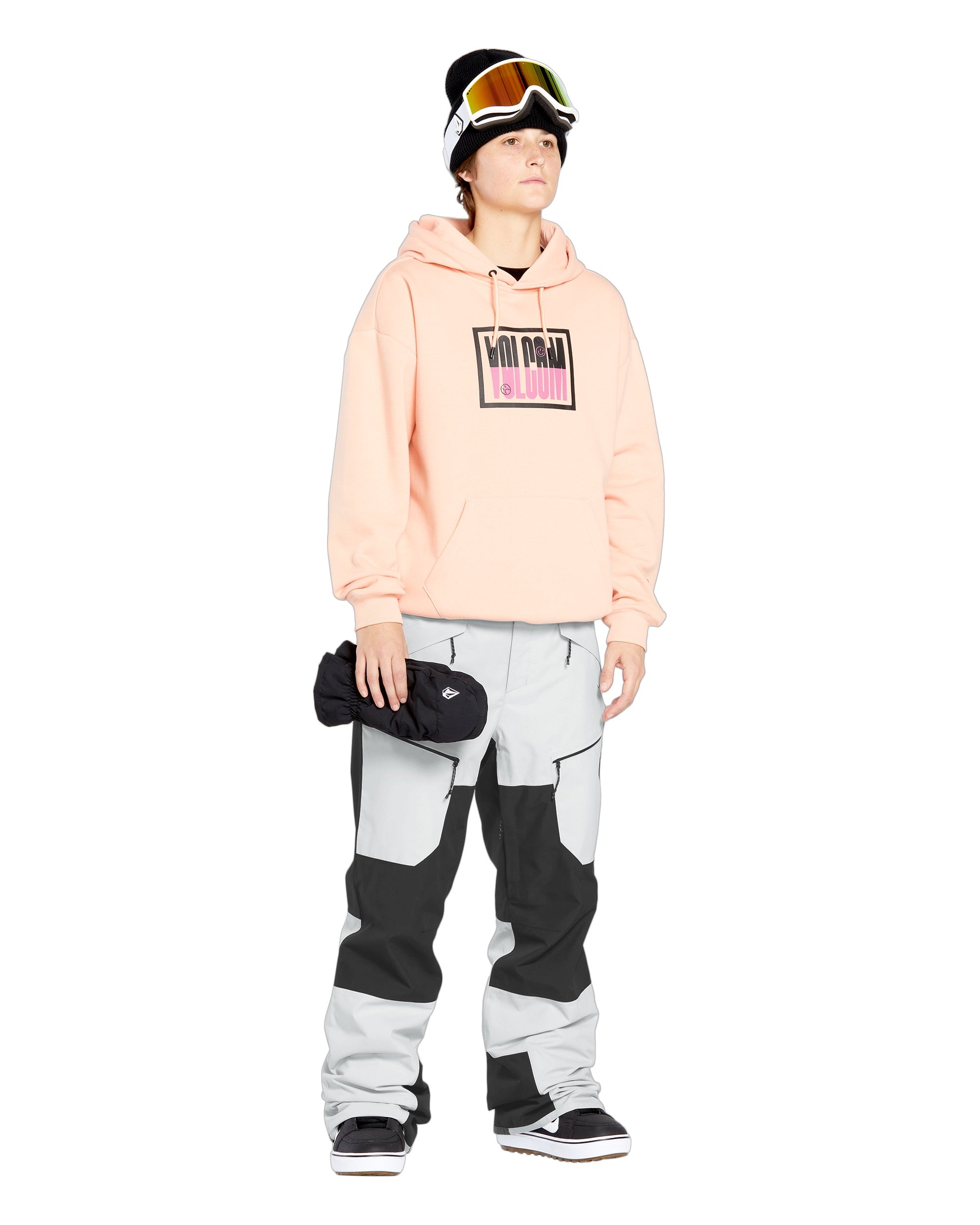 Volcom Women's Stone Mica 20K Pant - A black and white snow pant with a geometric pattern on the leg, featuring a zippered pocket at the thigh.