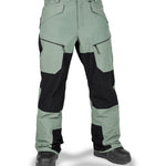 Volcom Women's Stone Mica 20K Pant - A pair of women's snow pants in a light sage green color with black accents and geometric patterned patches on the knees, thighs, and calves.