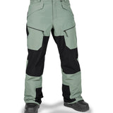 Volcom Women's Stone Mica 20K Pant - A pair of women's snow pants in a light sage green color with black accents and geometric patterned patches on the knees, thighs, and calves.