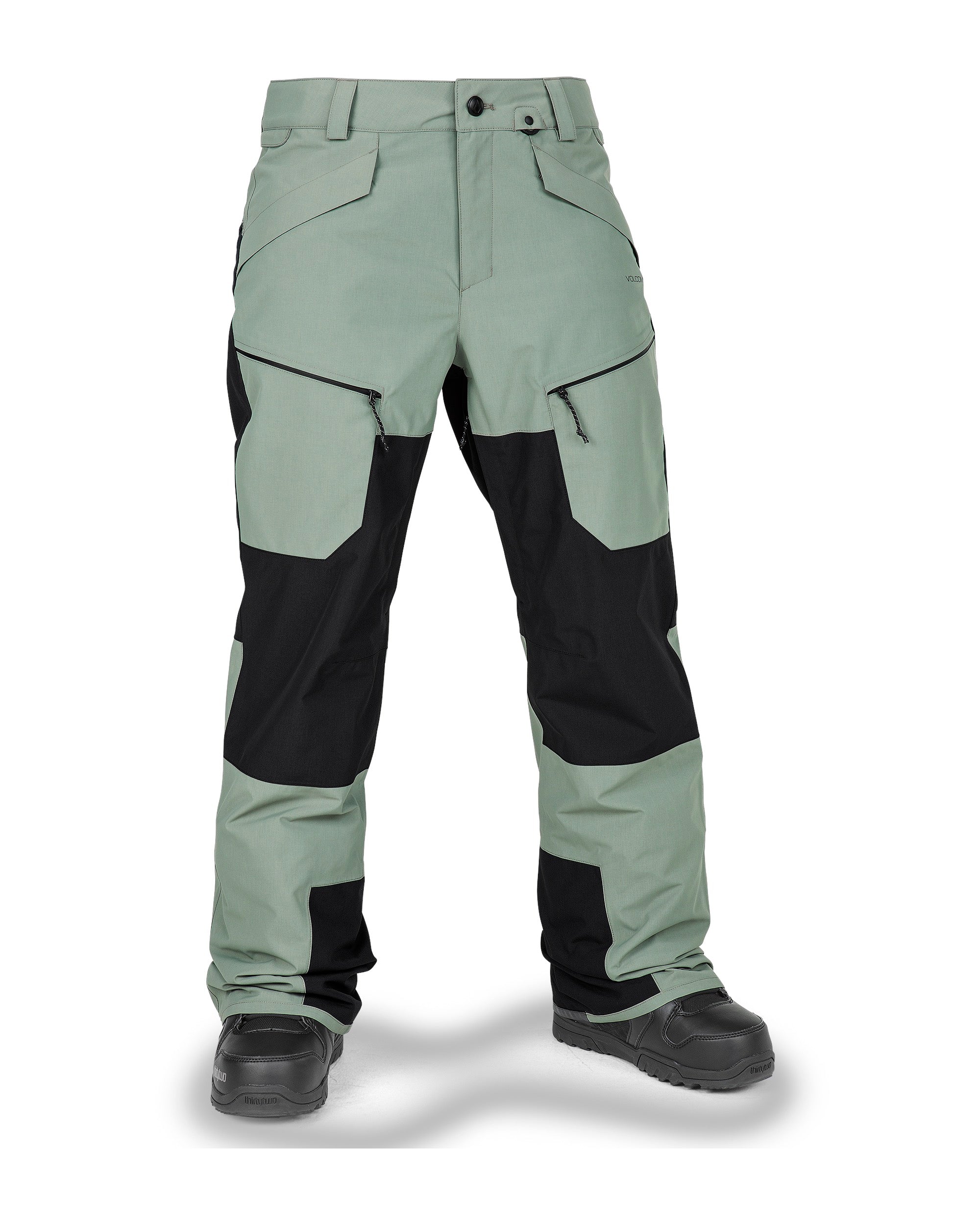 Volcom Women's Stone Mica 20K Pant - A pair of women's snow pants in a light sage green color with black accents and geometric patterned patches on the knees, thighs, and calves.