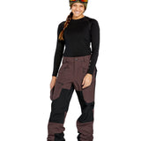 Volcom Women's Stone Mica 20K Pant - A pair of brown snow pants with a black patch on the left thigh and a zippered pocket on the right leg.