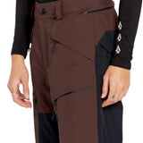 Volcom Women's Stone Mica 20K Pant - A pair of brown ski pants with a black stripe down the side and a zippered pocket on the thigh.