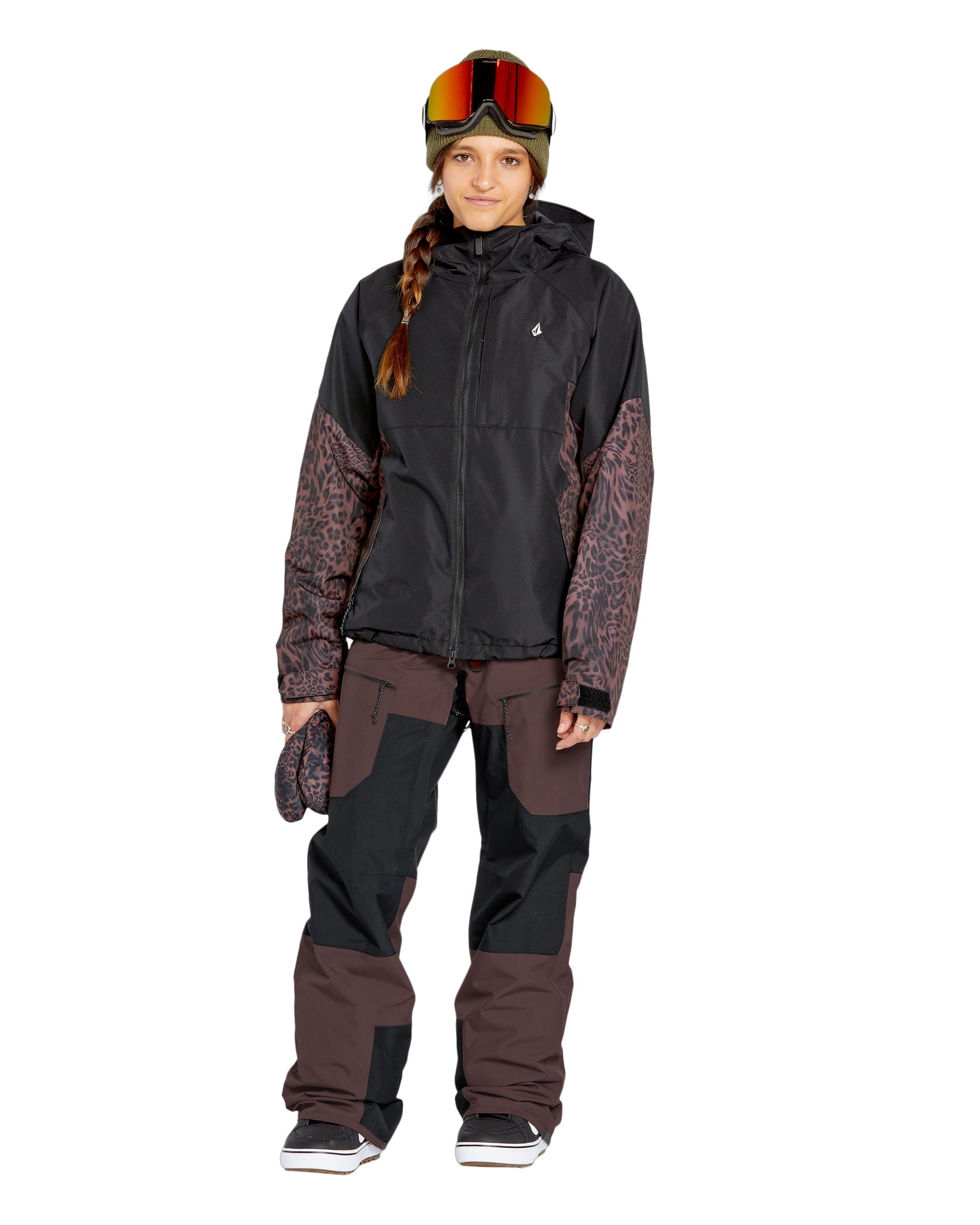 Volcom Women's Stone Mica 20K Pant - Black snow pants with a subtle leopard print pattern on the sides and back of legs.