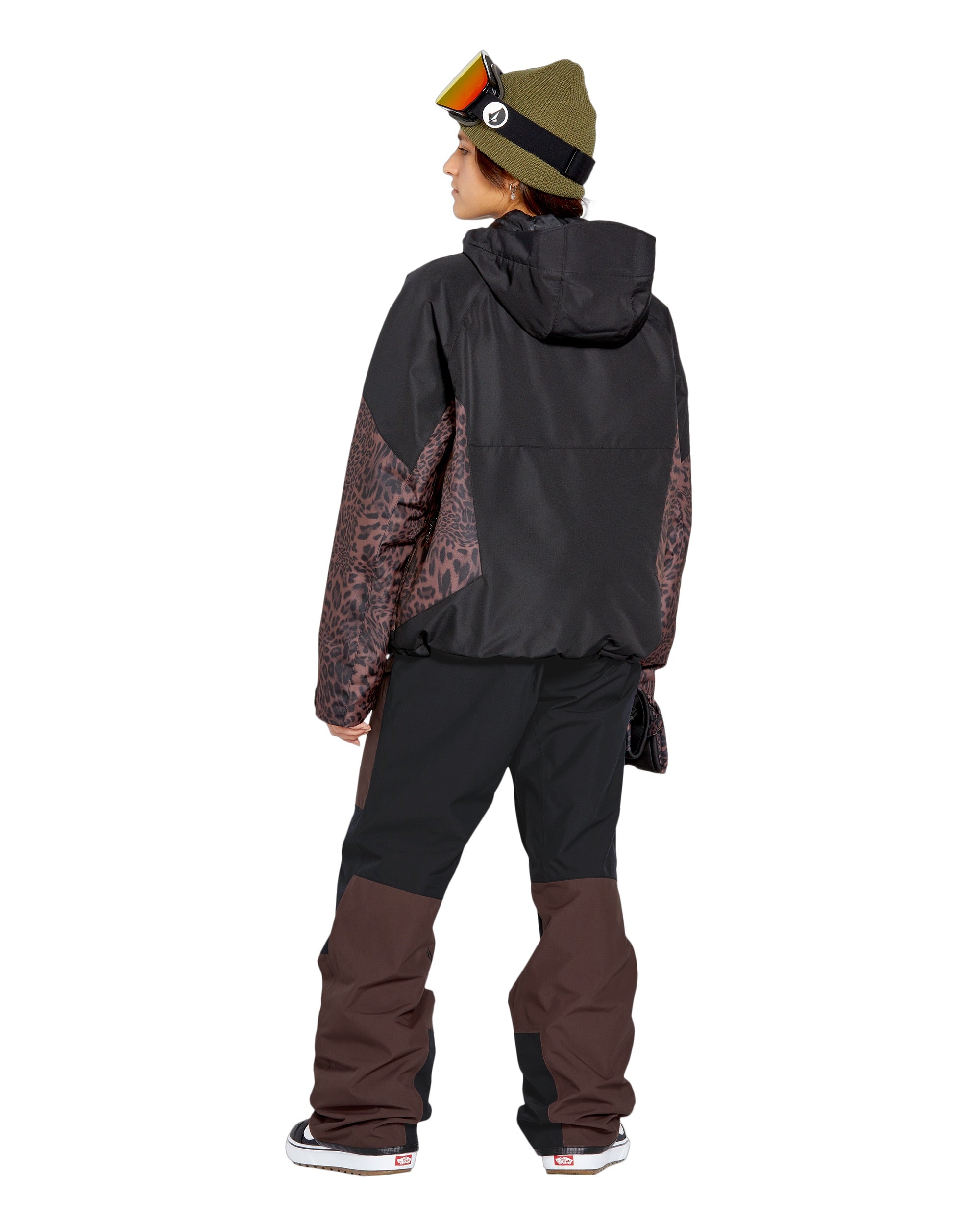 Volcom Women's Stone Mica 20K Pant - A black snow pant with a subtle leopard print pattern on the side panels and down the leg.