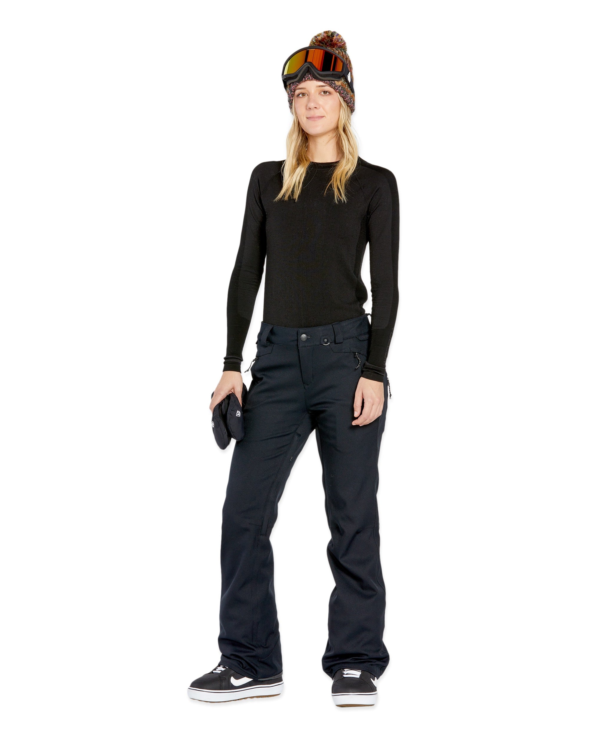 Volcom Women's Genus Stretch Pant 2025 - Black snow pants with a subtle white stripe down the side of each leg.