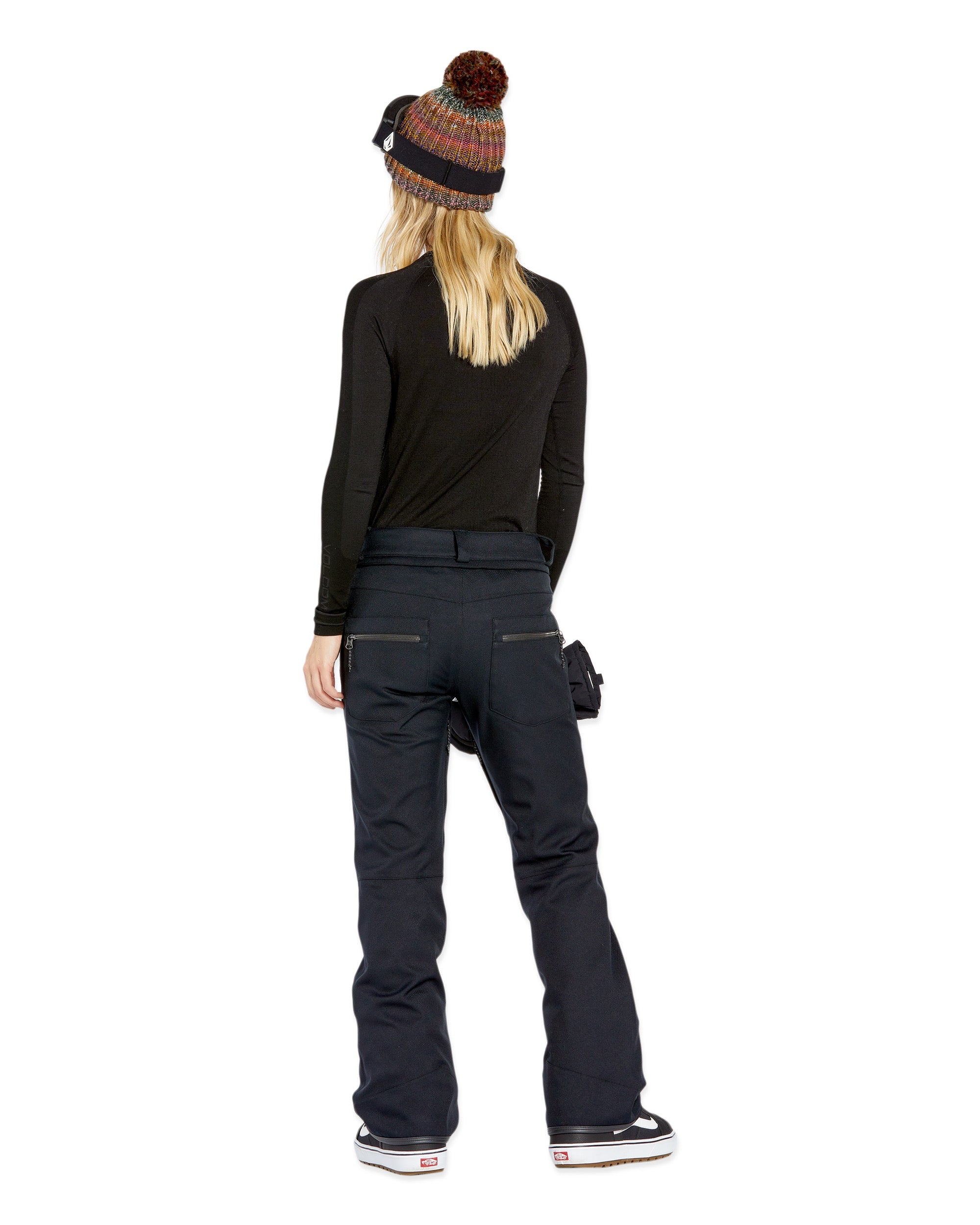 Volcom Women's Genus Stretch Pant 2025 - Black snow pants with zippered pockets and a stretchy material.
