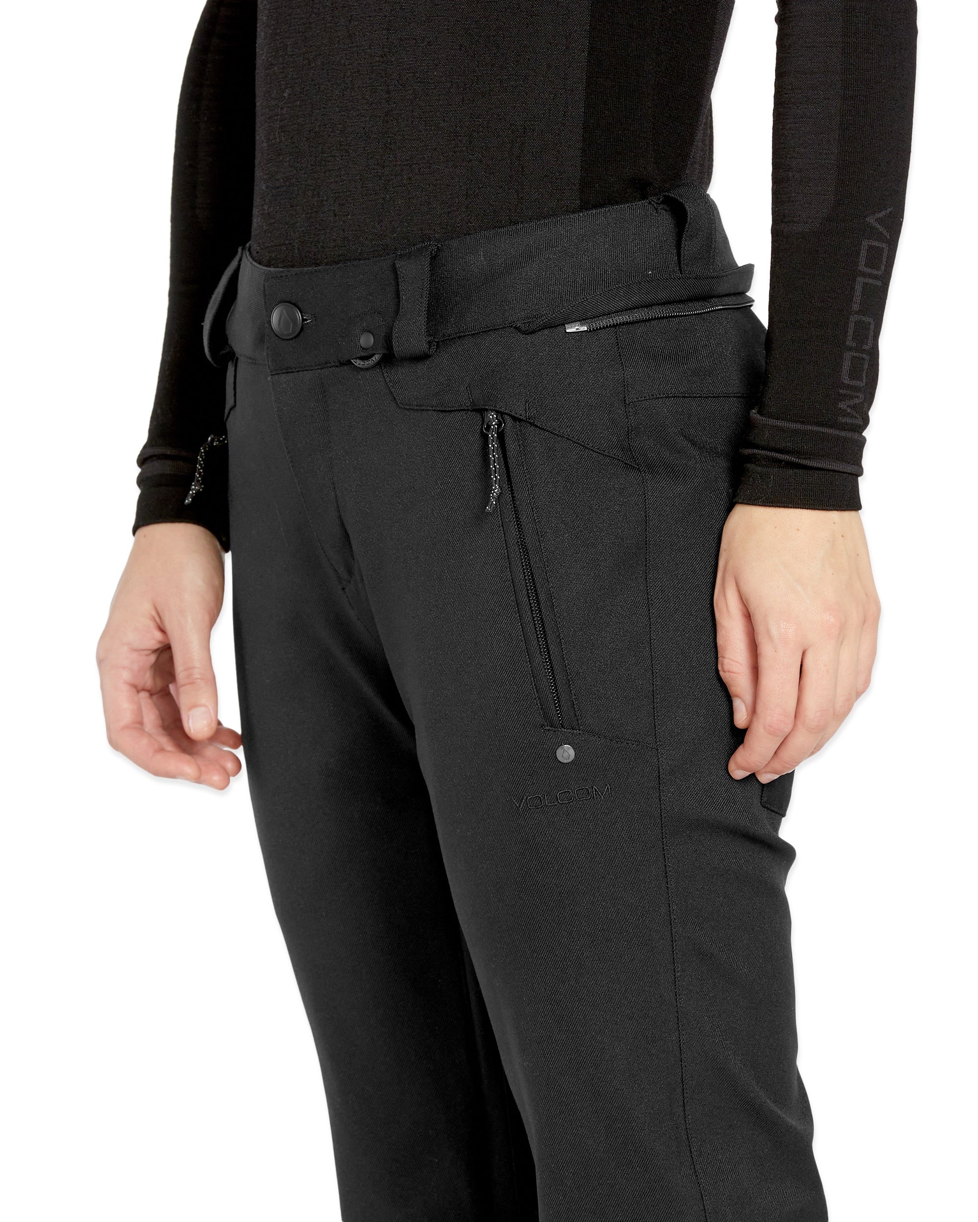 Volcom Women's Genus Stretch Pant 2025 - Black pants with a subtle white pattern on the side of the leg.