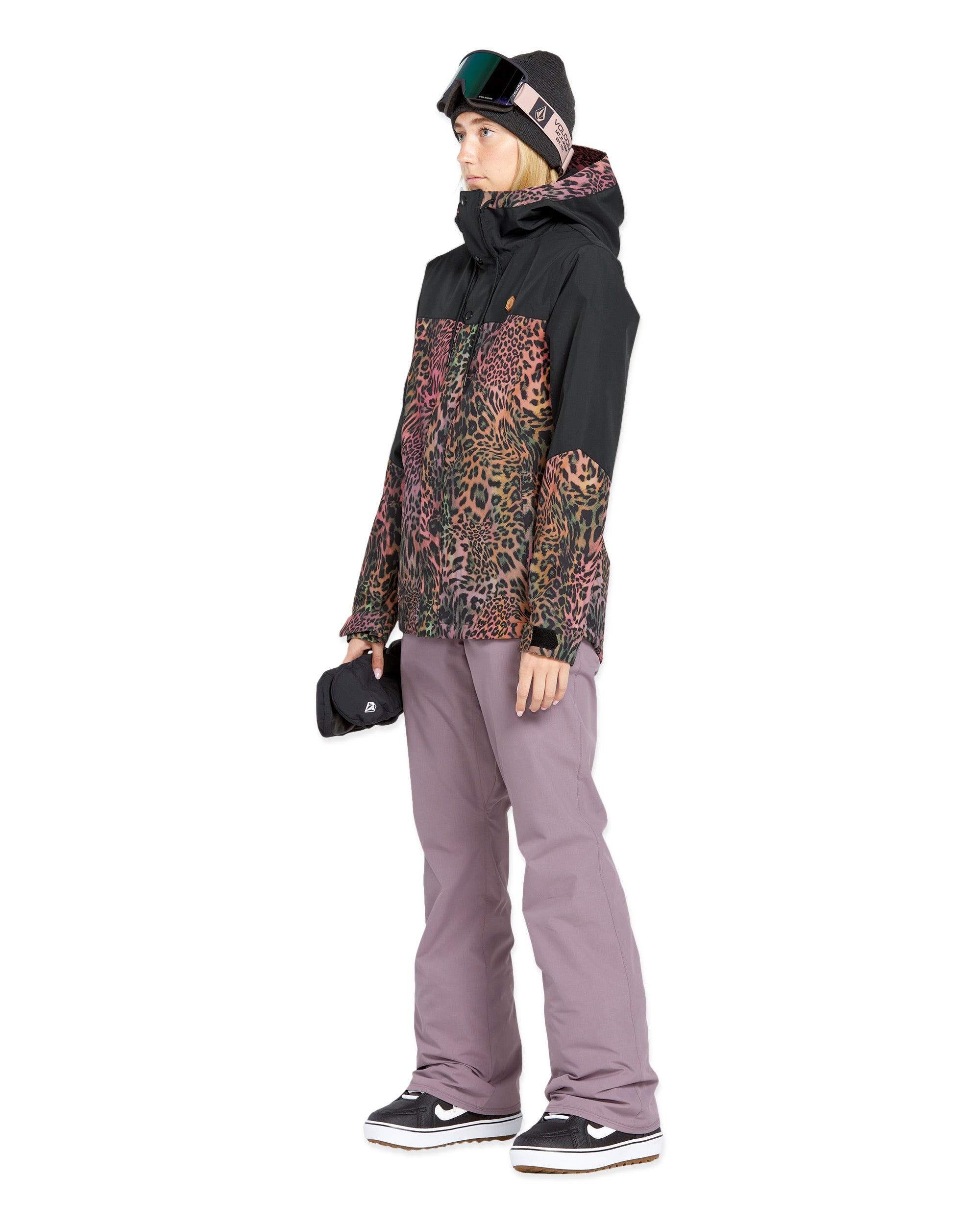Volcom Women's Hallen Shell Pant - A black snow pant with a subtle leopard print pattern on the upper thigh area.