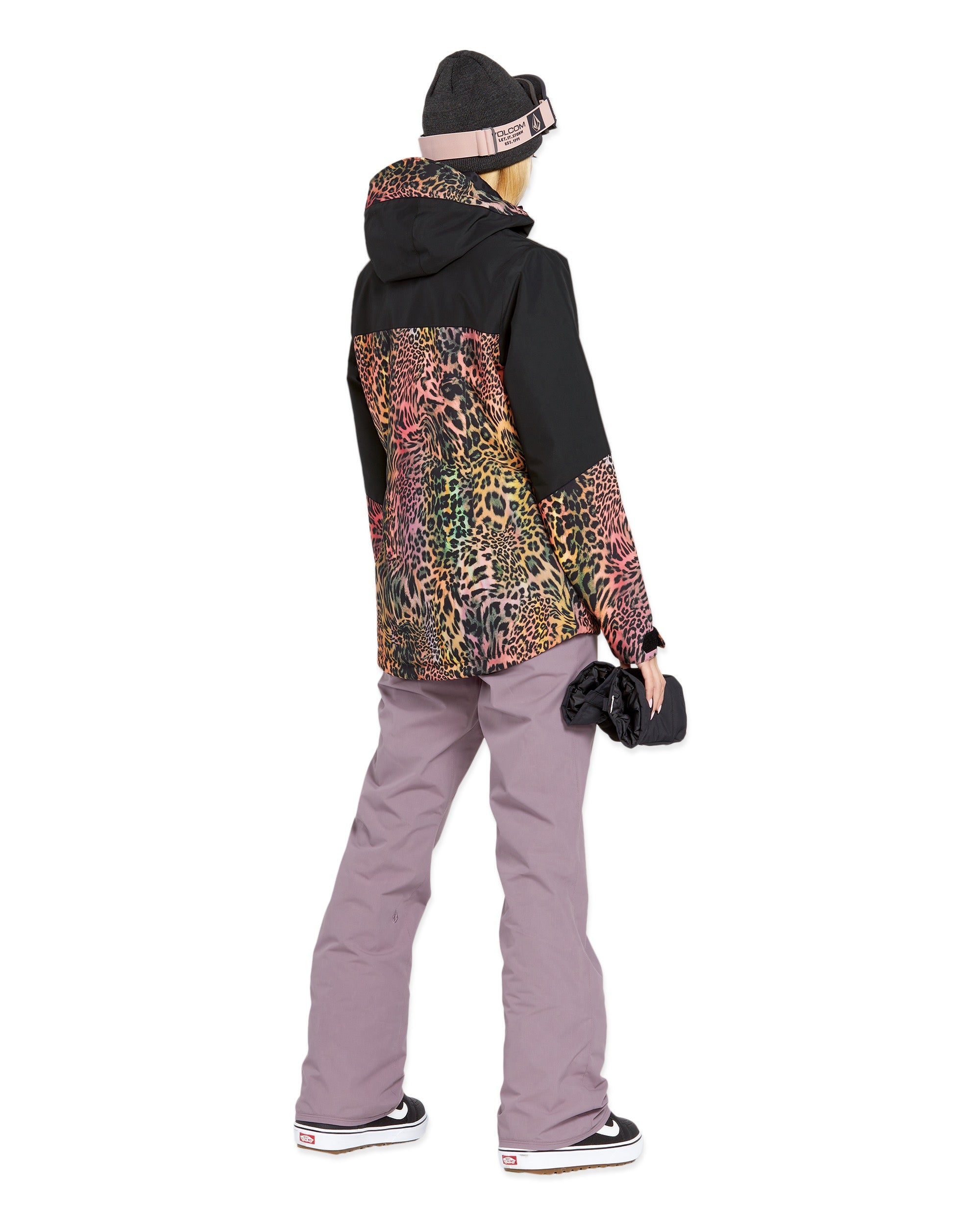 Volcom Women's Hallen Shell Pant 2025 - A black snow pant with a subtle leopard print pattern on the lower leg portion.