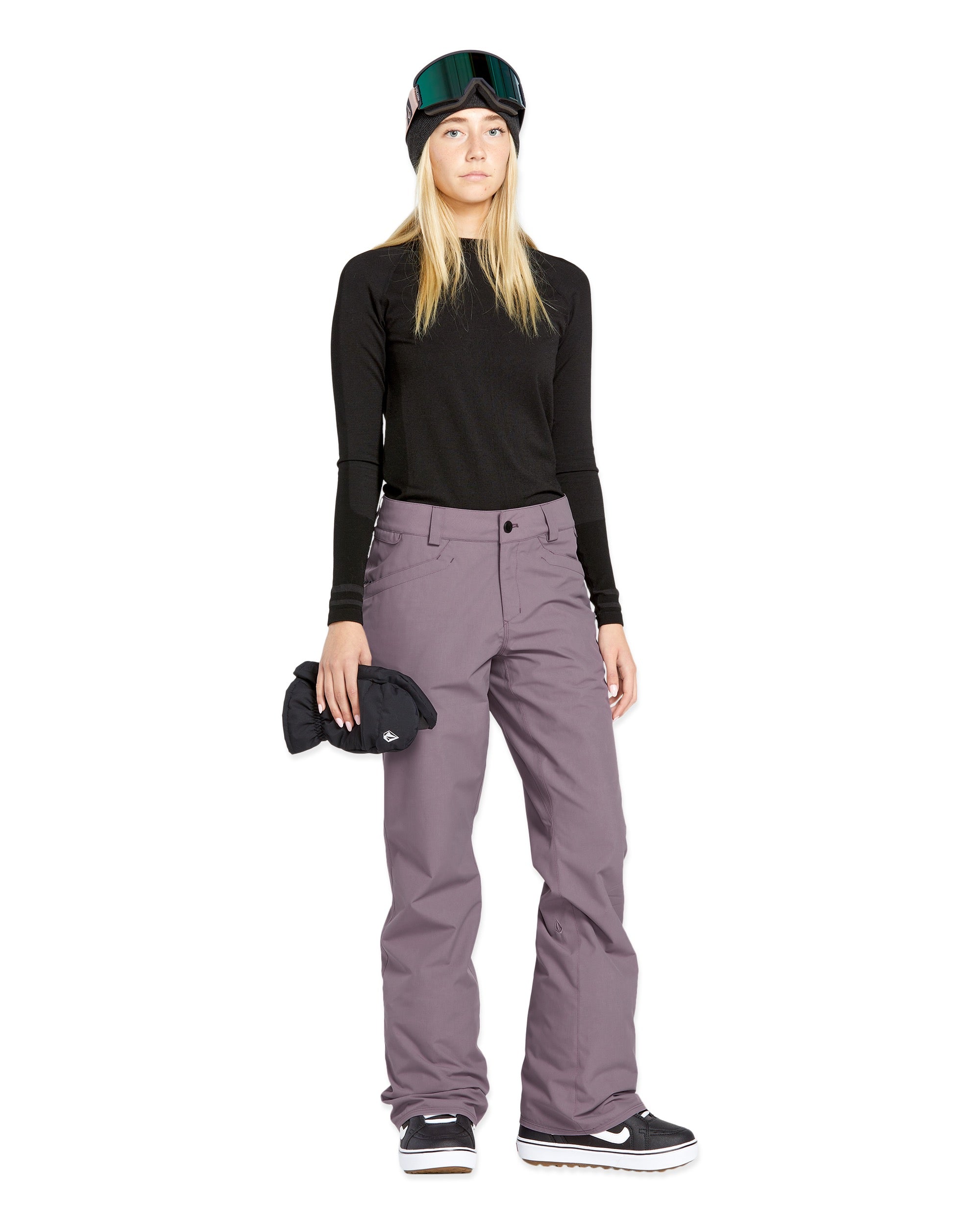 Volcom Women's Hallen Shell Pant - A black shell pant with a zippered pocket on the side and a white logo on the left thigh.