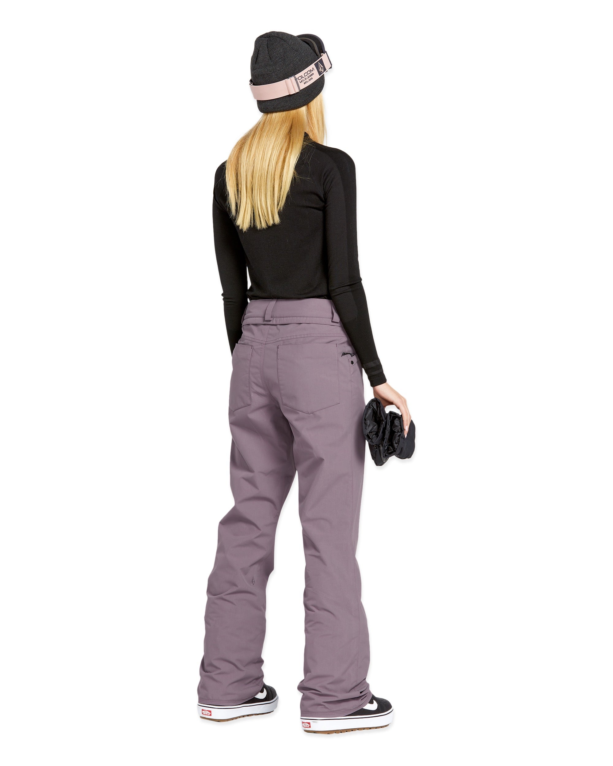 Volcom Women's Hallen Shell Pant - A pair of black snow pants with a zippered pocket on the thigh and a logo patch on the left leg.