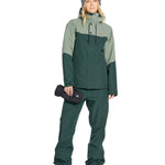 Volcom Women's Hallen Shell Pant - A dark green snow pant with a zippered pocket on the thigh and a black drawstring at the waist.