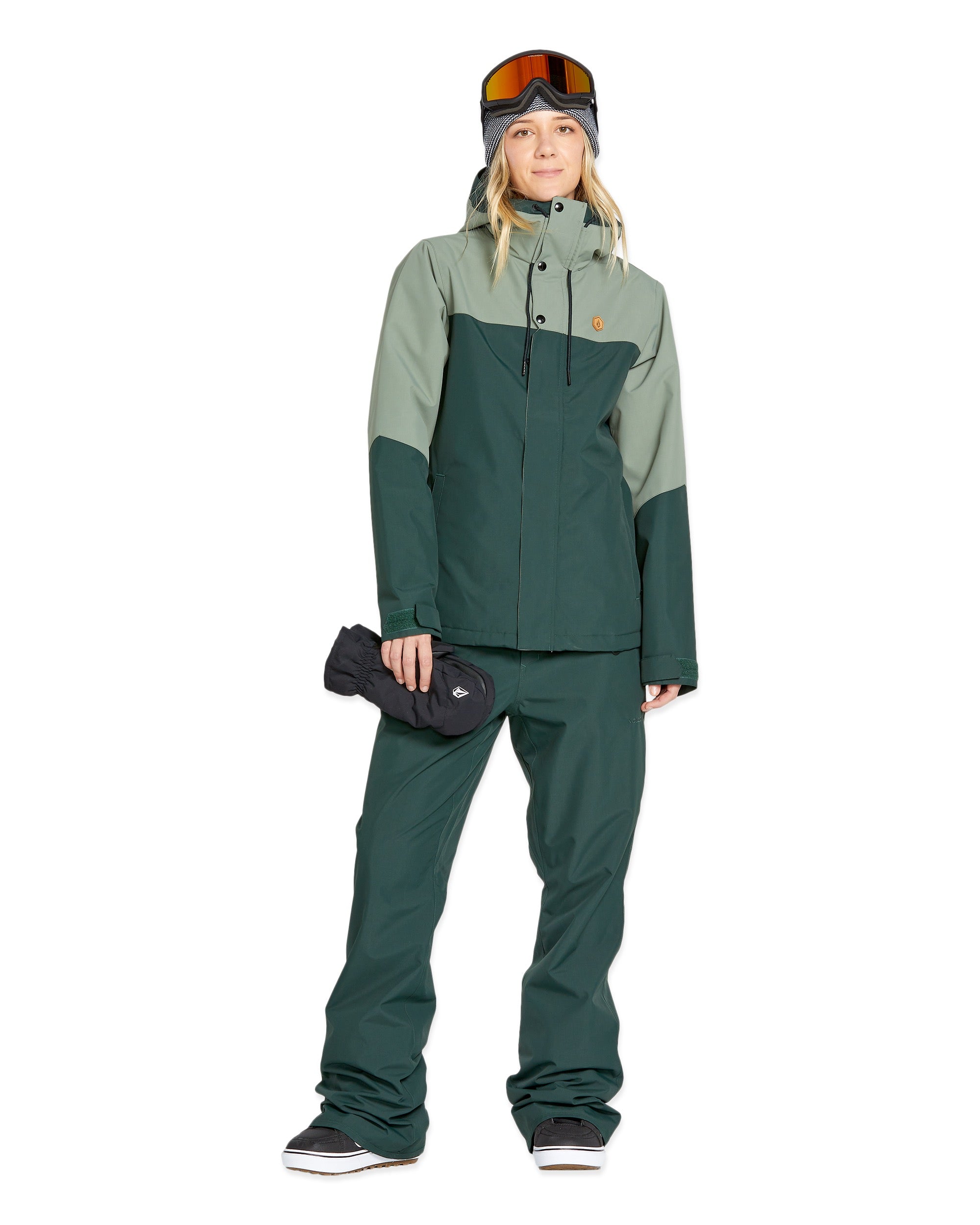 Volcom Women's Hallen Shell Pant - A dark green snow pant with a zippered pocket on the thigh and a black drawstring at the waist.