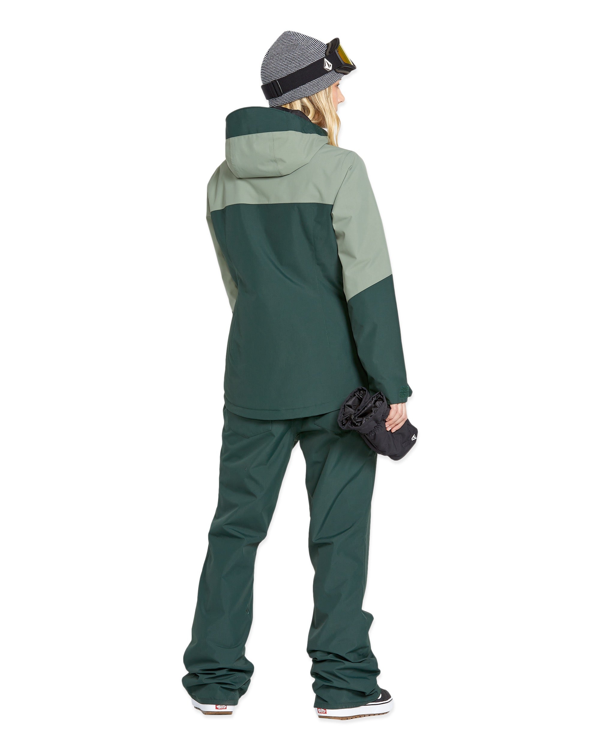 Volcom Women's Hallen Shell Pant 2025 - A dark green snow pant with a zippered pocket on the side and a white logo on the left leg.