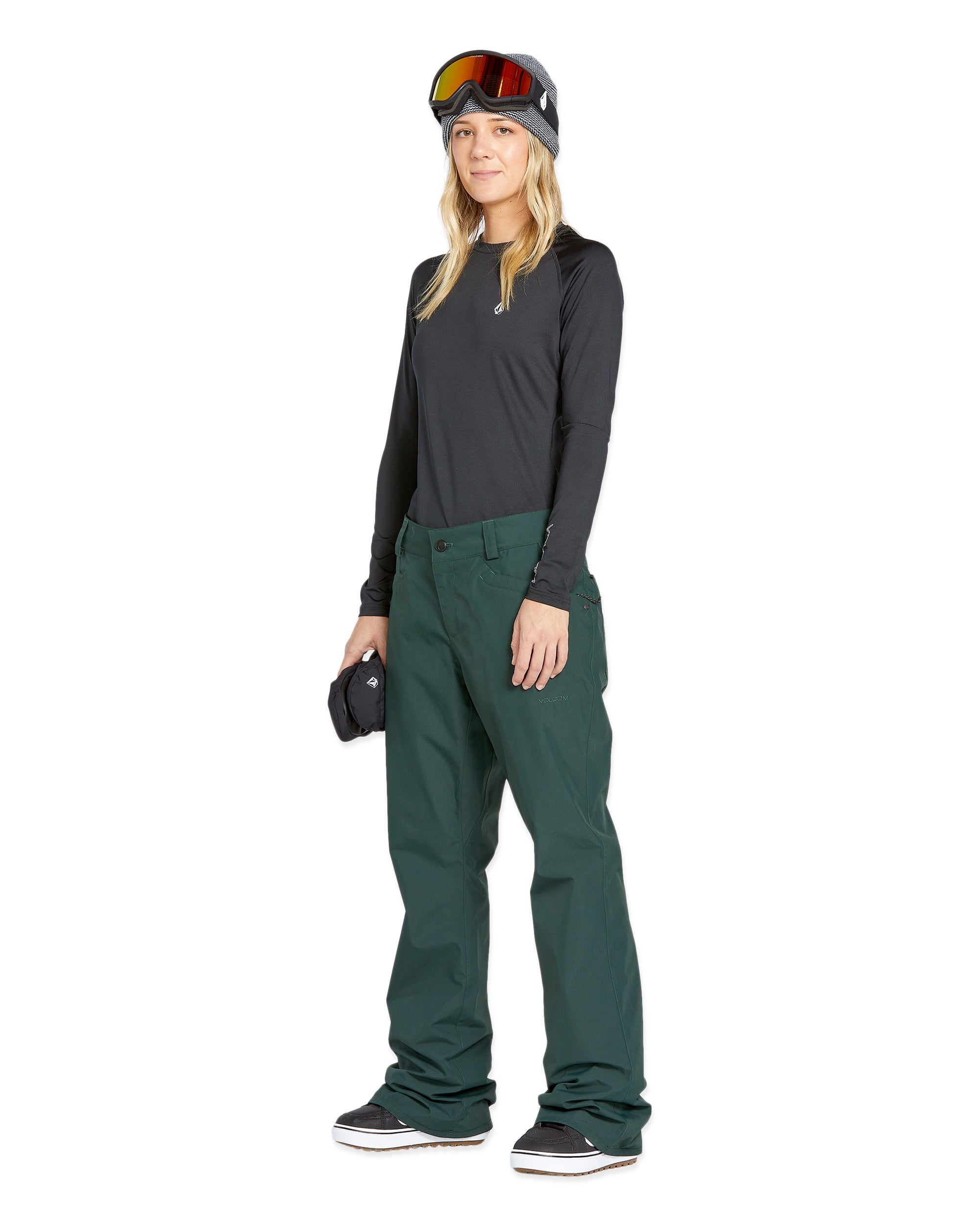 Volcom Women's Hallen Shell Pant - A black shell pant with a white logo on the left thigh and a zippered pocket on the right side.