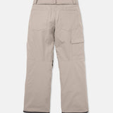 Women’s baggy snow pants in light khaki with belt loops and cargo pocket details.