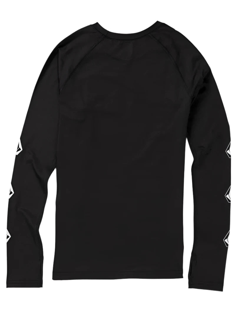 Volcom USST Baselayer Top 2022 - A black long-sleeved shirt with a crew neck and raglan sleeves, featuring white geometric shapes on the left sleeve.