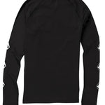 Volcom USST Baselayer Top 2022 - A black long-sleeved shirt with a crew neck and raglan sleeves, featuring white geometric shapes on the left sleeve.