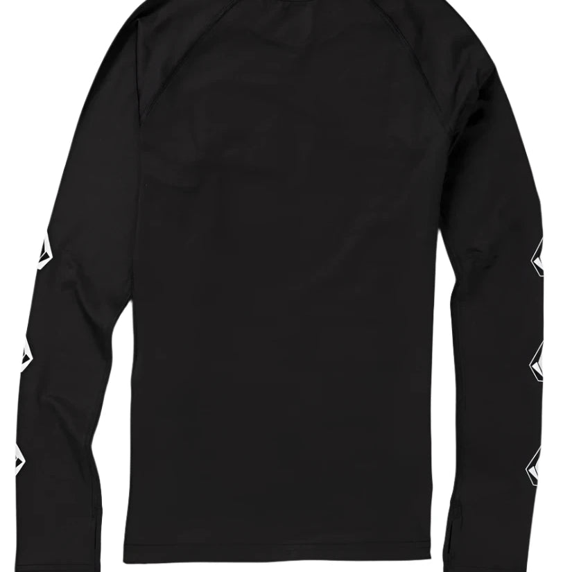 Volcom USST Baselayer Top 2022 - A black long-sleeved shirt with a crew neck and raglan sleeves, featuring white geometric shapes on the left sleeve.