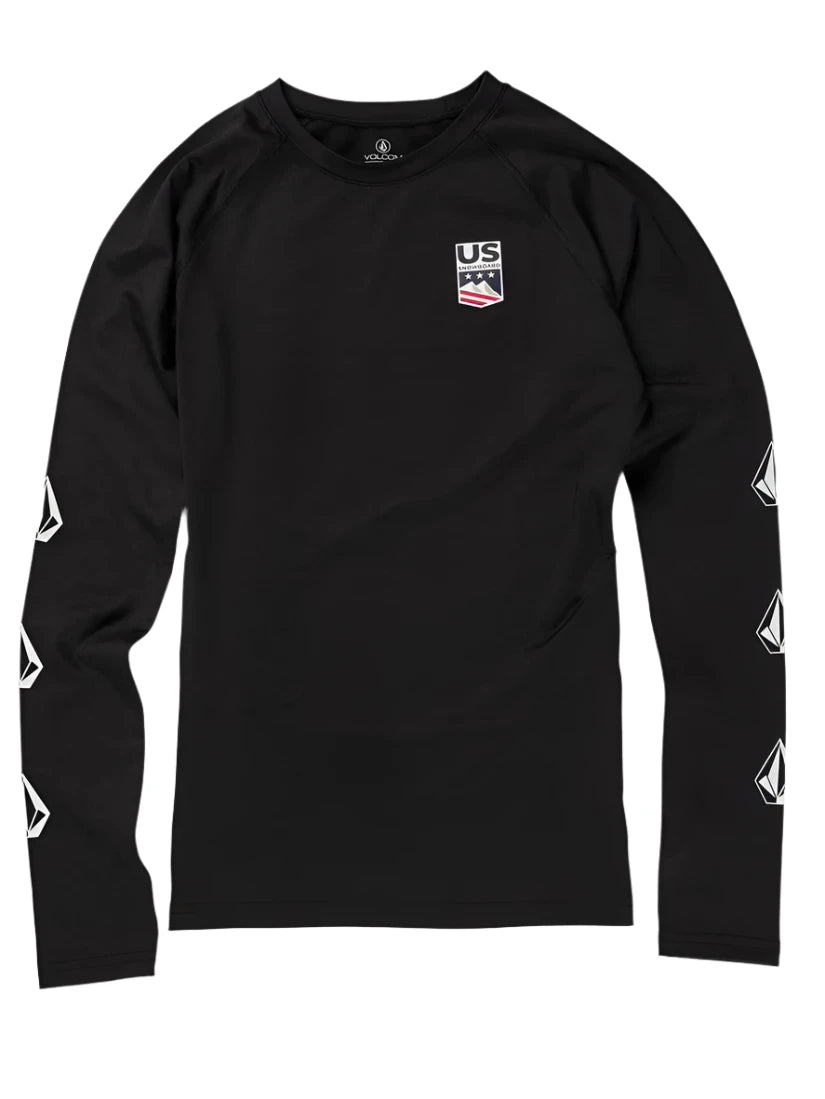 Volcom USST Baselayer Top 2022 - A black long-sleeved shirt with a white logo on the chest that says "US" and has three stars above it, and another logo below it that says "Volcom".