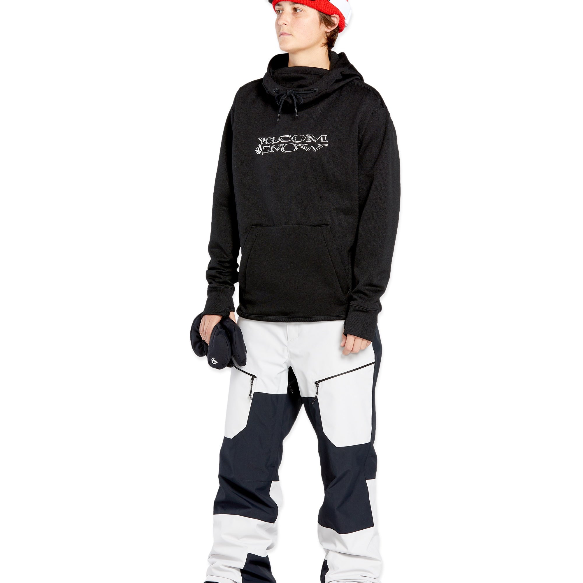 Volcom Women's Riding Hydro Hoodie 2025 - A black hoodie with a white logo on the chest and drawstrings hanging from the hood.