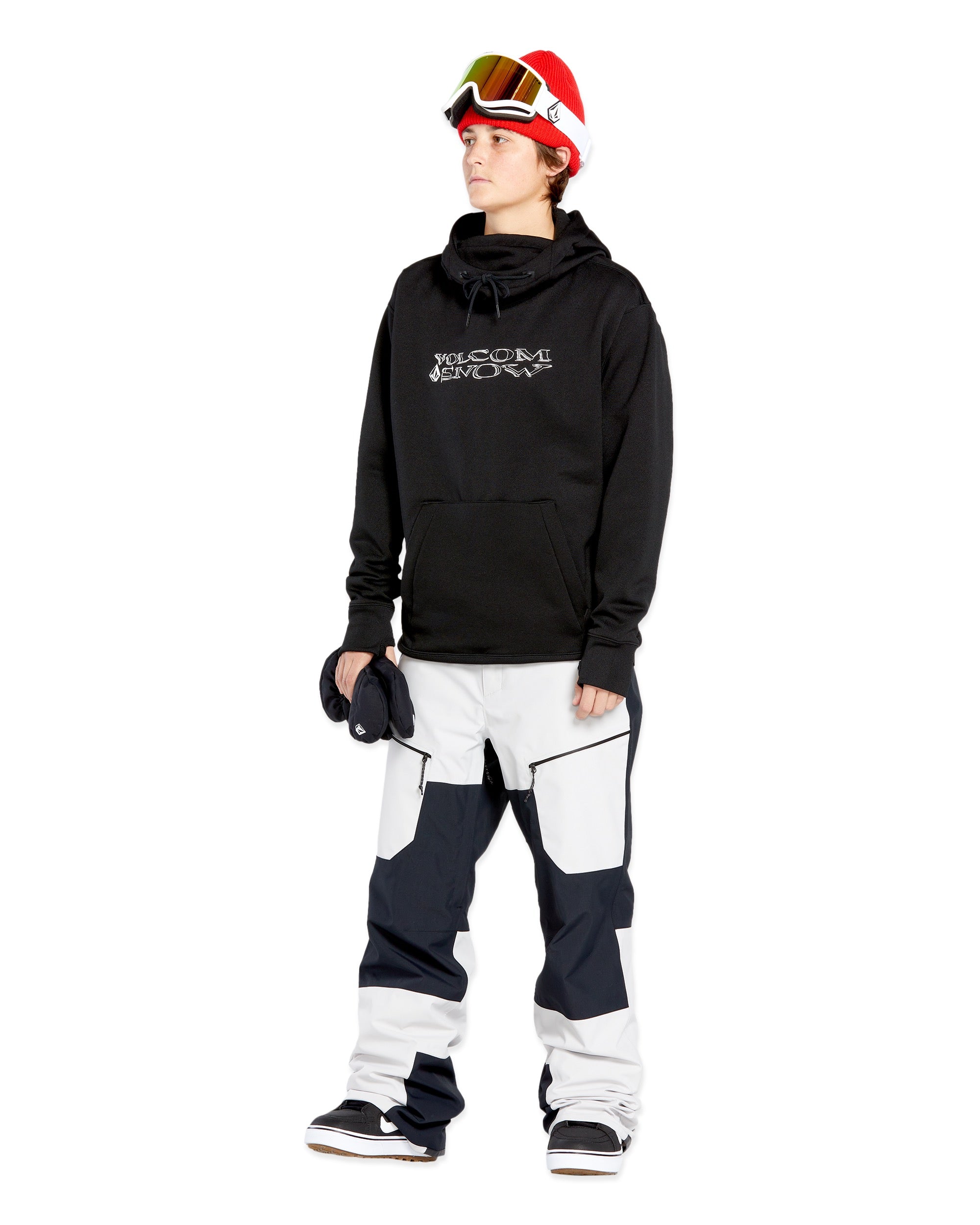 Volcom Women's Riding Hydro Hoodie 2025 - A black hoodie with a white logo on the chest and drawstrings hanging from the hood.